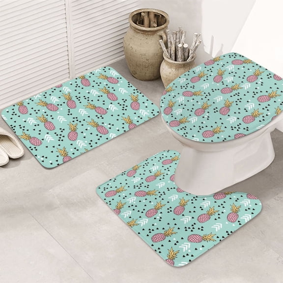 Bathroom Rugs Sets 3 Piece - Cute Purple Pineapple Love Absorbent Non Slip Bath Mats, U-Shape Toilet Lid Cover, Contour Mat, Soft Washable Shower Mats Bath Rug Mat for Bathroom Tub Toilet