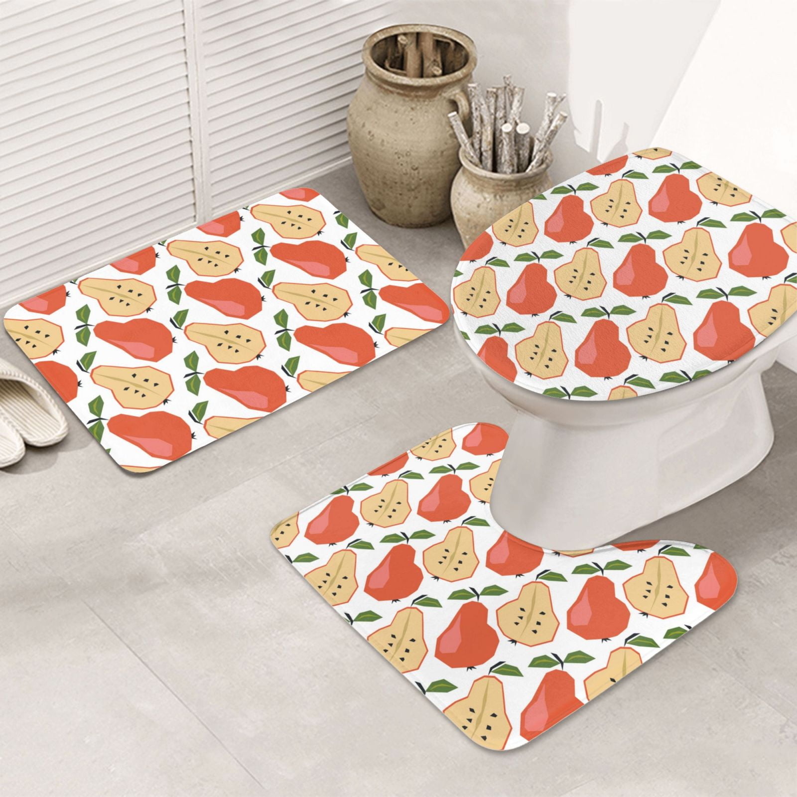 Bathroom Rugs Sets 3 Piece Cute Red Pear Green Leaves Soft Non Slip ...