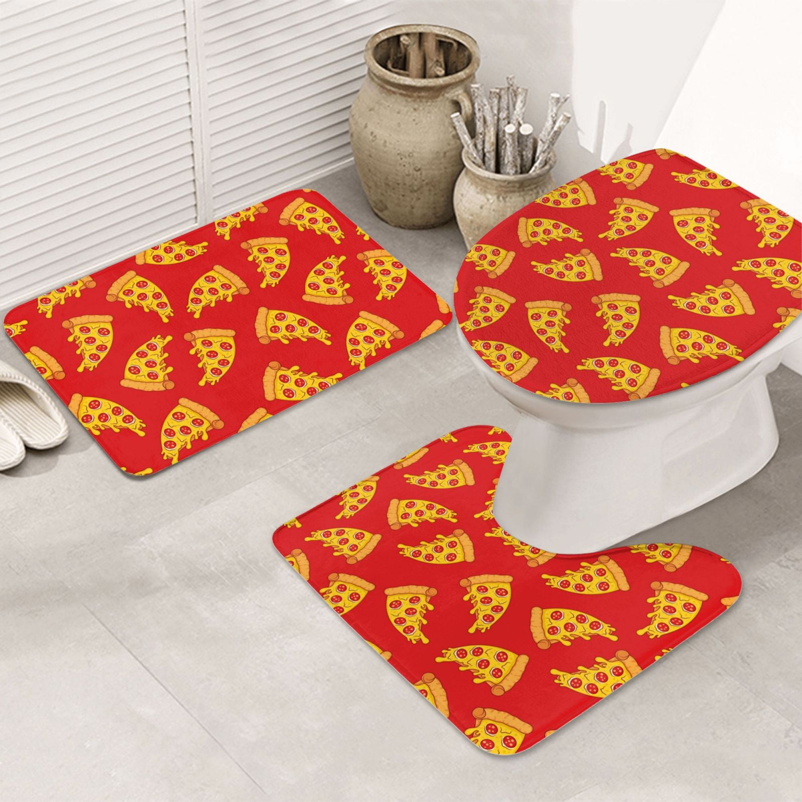 Bathroom Rugs Sets 3 Piece Cute Red Pizza Absorbent Non Slip Bath