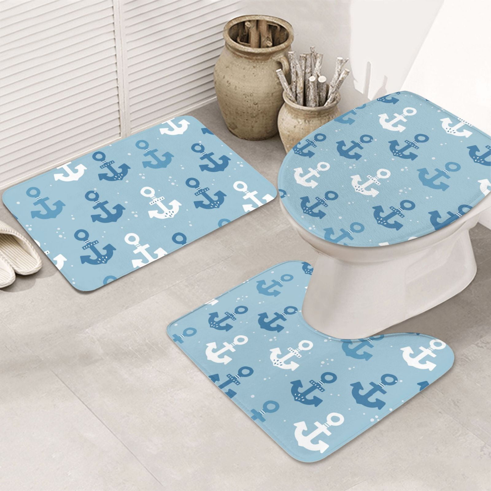 Bathroom Rugs Sets 3 Piece Cute anchor blue Absorbent Bathroom Mat