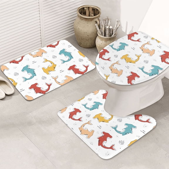Bathroom Rugs Sets 3 Piece - Cute colorful hammerhead shark Absorbent Non Slip Bath Mats, U-Shape Toilet Lid Cover, Contour Mat, Soft Washable Shower Mats Bath Rug Mat for Bathroom Tub Toilet