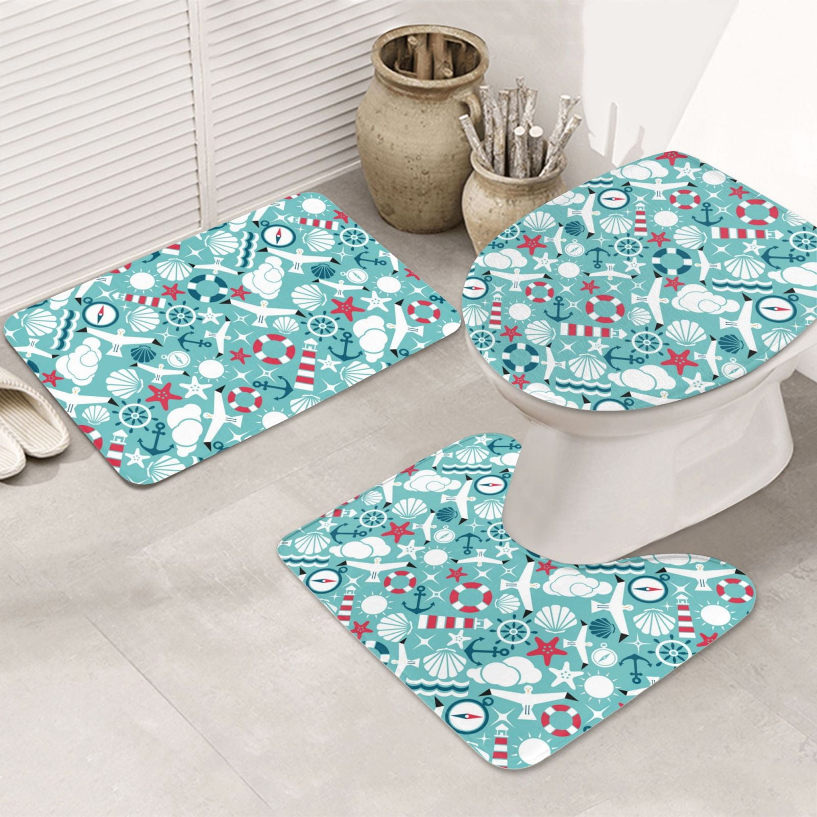 Bathroom Rugs Sets 3 Piece Cute seagull lighthouse starfish anchor Soft ...