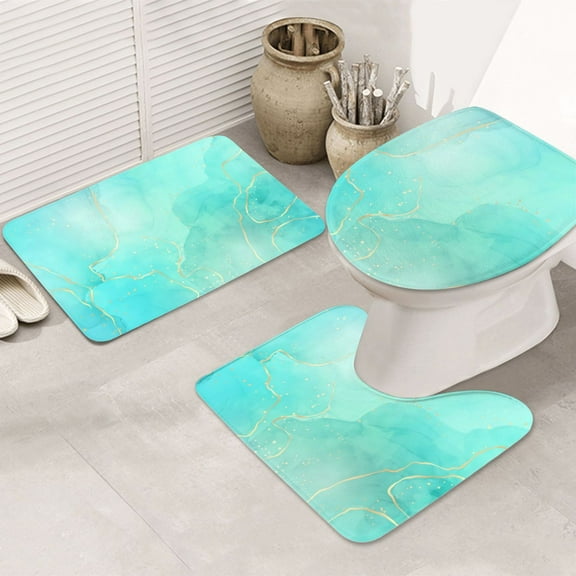Bathroom Rugs Sets 3 Piece - Cyan Mint Marble Absorbent Non Slip Bath Mats, U-Shape Toilet Lid Cover, Contour Mat, Soft Washable Shower Mats Bath Rug Mat for Bathroom Tub Toilet