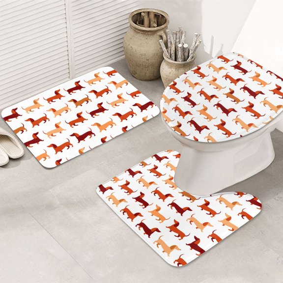 Bathroom Rugs Sets 3 Piece - Dachshund Walking Absorbent Non Slip Bath Mats, U-Shape Toilet Lid Cover, Contour Mat, Soft Washable Shower Mats Bath Rug Mat for Bathroom Tub Toilet