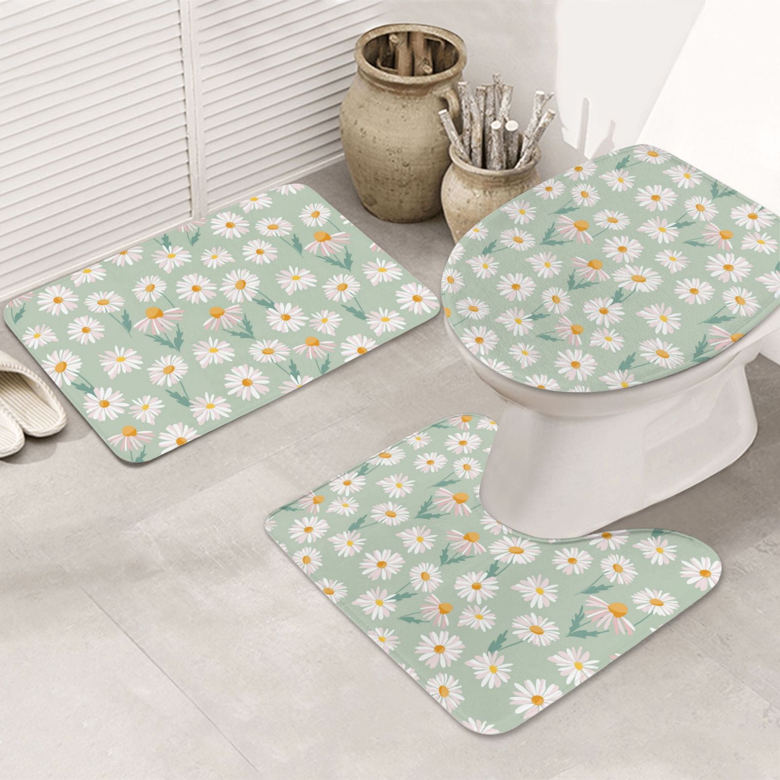 Bathroom Rugs Sets 3 Piece Daisies Flowers Light Green Non Slip
