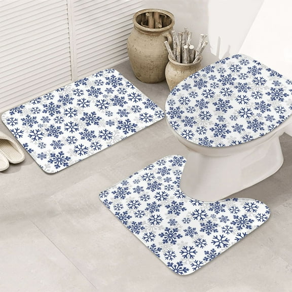 Bathroom Rugs Sets 3 Piece - Dark Blue Snowflakes Absorbent Non Slip Bath Mats, U-Shape Toilet Lid Cover, Contour Mat, Soft Washable Shower Mats Bath Rug Mat for Bathroom Tub Toilet
