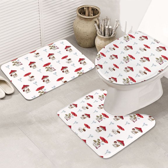 Bathroom Rugs Sets 3 Piece - Different Mushrooms Absorbent Non Slip Bath Mats, U-Shape Toilet Lid Cover, Contour Mat, Soft Washable Shower Mats Bath Rug Mat for Bathroom Tub Toilet