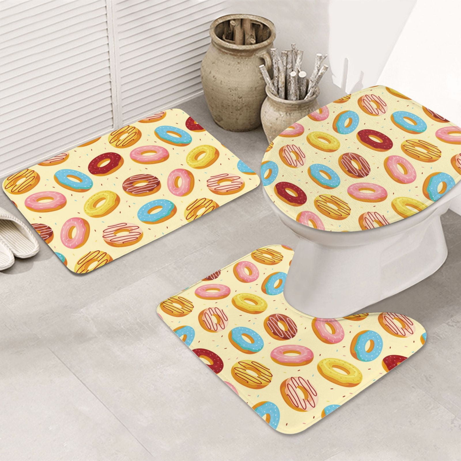 Bathroom Rugs Sets 3 Piece - Donut Print Light Yellow Absorbent Non ...