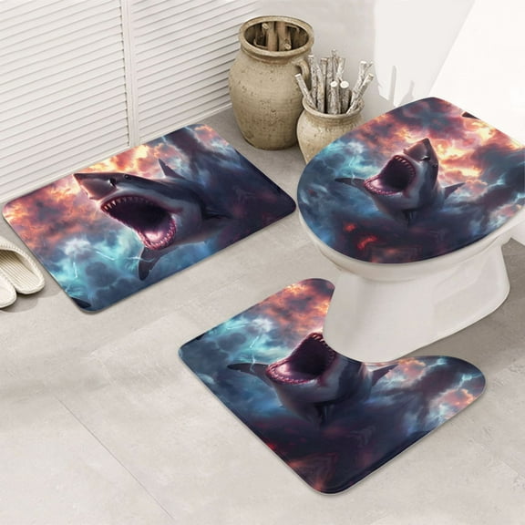 Bathroom Rugs Sets 3 Piece - Dramatic Shark Attack Absorbent Non Slip Bath Mats, U-Shape Toilet Lid Cover, Contour Mat, Soft Washable Shower Mats Bath Rug Mat for Bathroom Tub Toilet