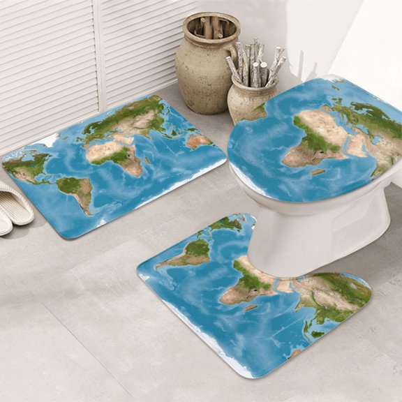 Bathroom Rugs Sets 3 Piece - Earth View World Map Absorbent Non Slip Bath Mats, U-Shape Toilet Lid Cover, Contour Mat, Soft Washable Shower Mats Bath Rug Mat for Bathroom Tub Toilet