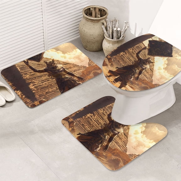 Bathroom Rugs Sets 3 Piece - Egyptian Cat Pharaoh Magic Absorbent Non Slip Bath Mats, U-Shape Toilet Lid Cover, Contour Mat, Soft Washable Shower Mats Bath Rug Mat for Bathroom Tub Toilet