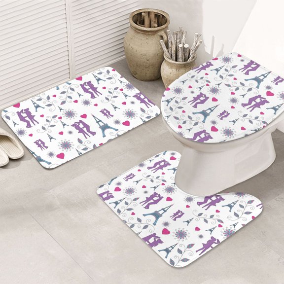 Bathroom Rugs Sets 3 Piece - Eiffel Tower dancing Absorbent Non Slip Bath Mats, U-Shape Toilet Lid Cover, Contour Mat, Soft Washable Shower Mats Bath Rug Mat for Bathroom Tub Toilet