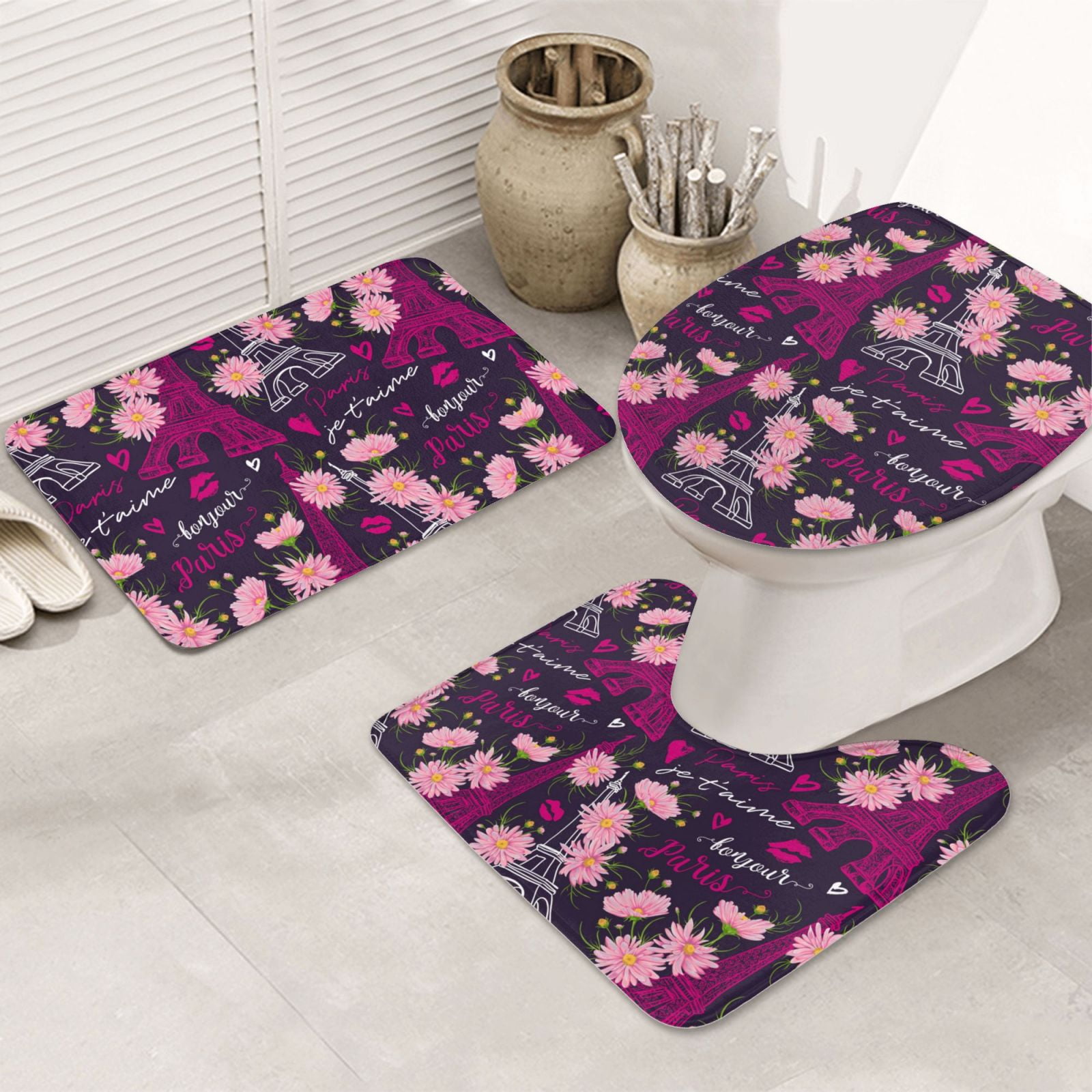 Bathroom Rugs Sets 3 Piece, Eiffel Tower flower pink Bathroom Rug Set ...