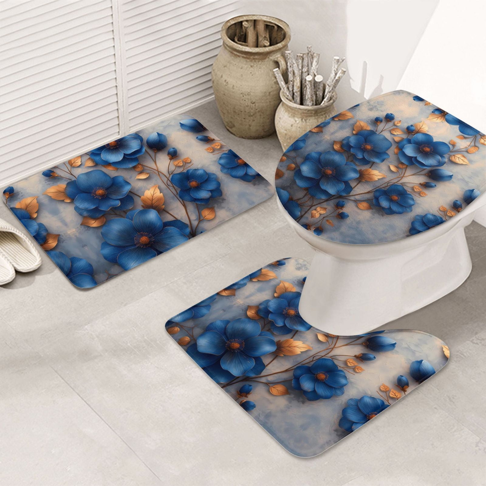 Bathroom Rugs Sets 3 Piece Elegant Blue Gold Blooms Absorbent