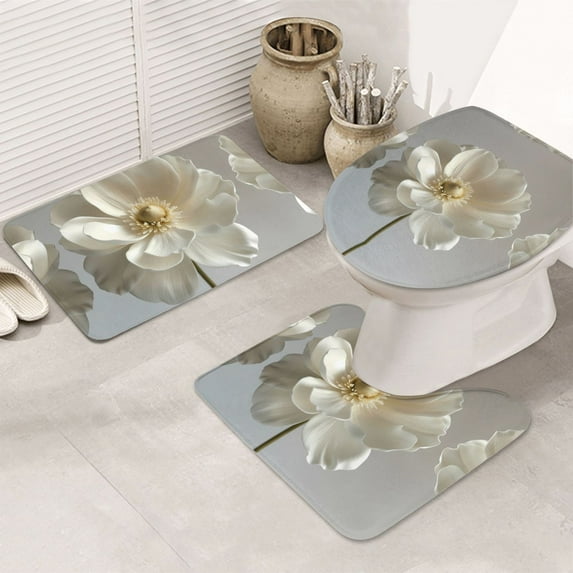 Bathroom Rugs Sets 3 Piece - Elegant Ivory Flower Absorbent Non Slip Bath Mats, U-Shape Toilet Lid Cover, Contour Mat, Soft Washable Shower Mats Bath Rug Mat for Bathroom Tub Toilet