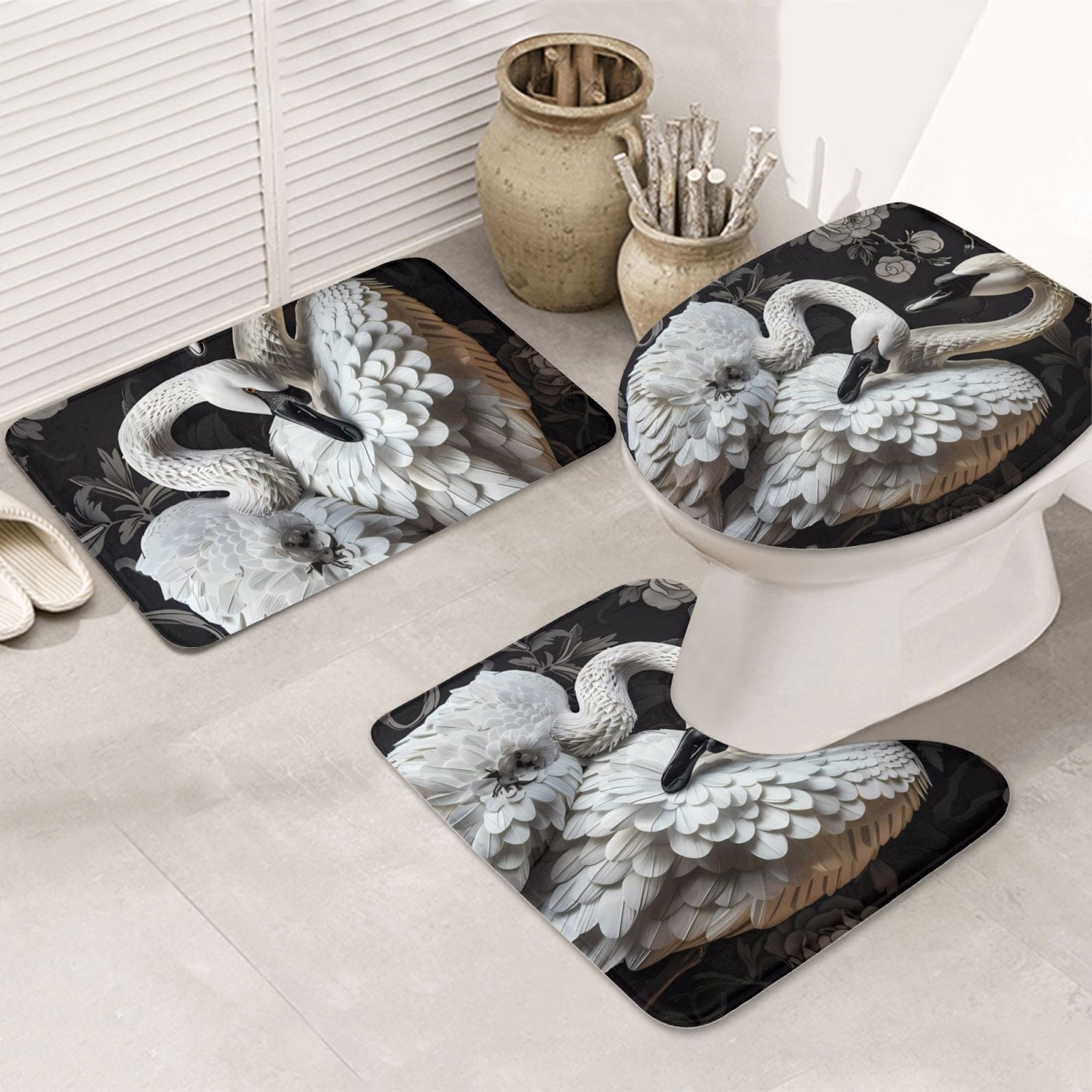 Bathroom Rugs Sets 3 Piece, Elegant Swans Black Background Bath Mats ...