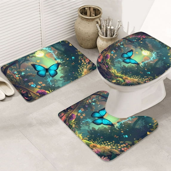 Bathroom Rugs Sets 3 Piece - Enchanted Forest Butterfly A Absorbent Non Slip Bath Mats, U-Shape Toilet Lid Cover, Contour Mat, Soft Washable Shower Mats Bath Rug Mat for Bathroom Tub Toilet