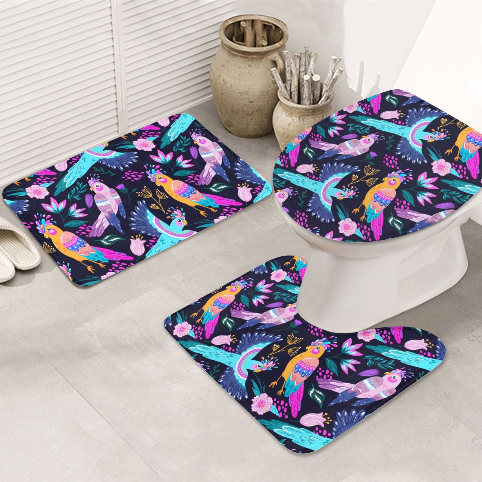 Bathroom Rugs Sets 3 Piece, Exotic Multicolor Cockatoo Parrot Bathroom
