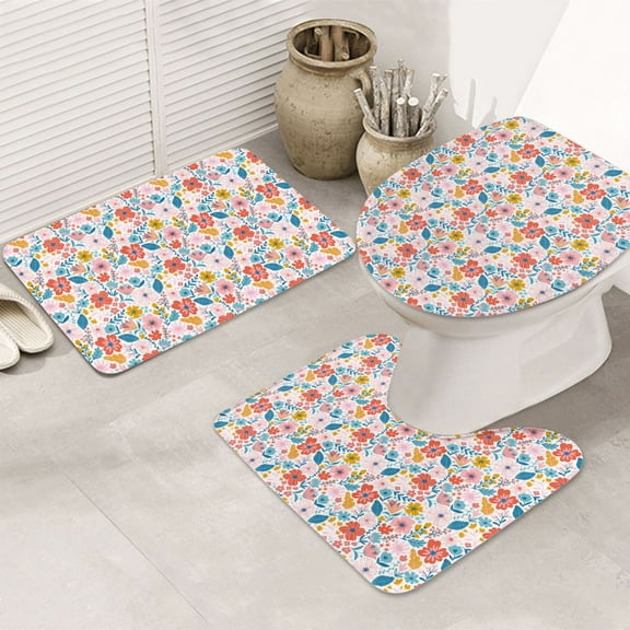 Bathroom Rugs Sets 3 Piece - Floral Ditsy Absorbent Non Slip Bath Mats, U-Shape Toilet Lid Cover, Contour Mat, Soft Washable Shower Mats Bath Rug Mat for Bathroom Tub Toilet