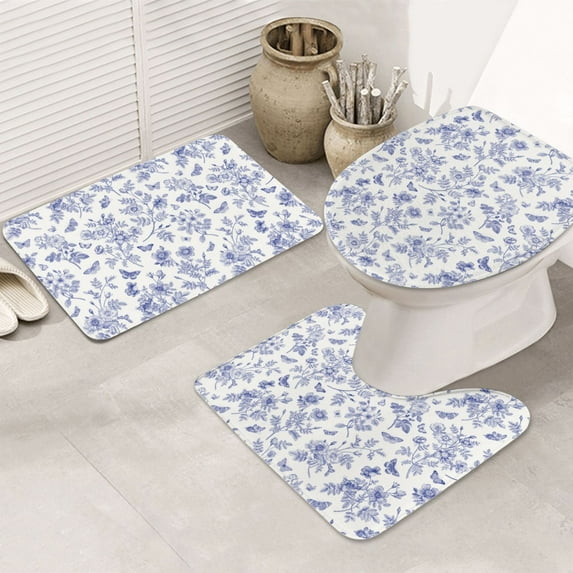 Bathroom Rugs Sets 3 Piece - Floral butterfly Absorbent Non Slip Bath Mats, U-Shape Toilet Lid Cover, Contour Mat, Soft Washable Shower Mats Bath Rug Mat for Bathroom Tub Toilet