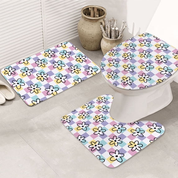 Bathroom Rugs Sets 3 Piece - Floral checkered Plaid Absorbent Non Slip Bath Mats, U-Shape Toilet Lid Cover, Contour Mat, Soft Washable Shower Mats Bath Rug Mat for Bathroom Tub Toilet