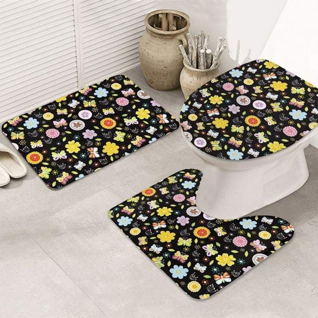 Bathroom Rugs Sets 3 Piece Flower butterfly print Absorbent Non Slip