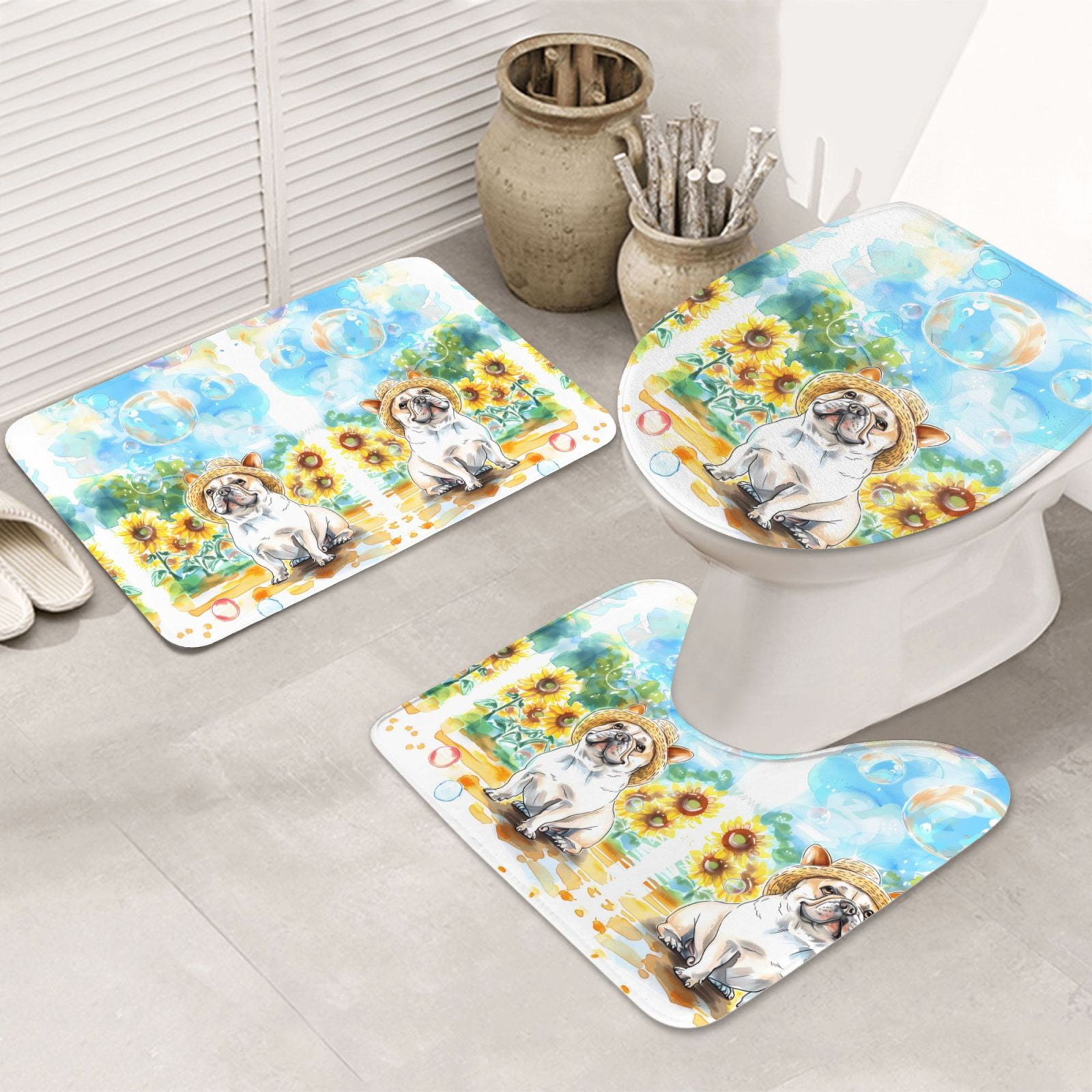 Bathroom Rugs Sets 3 Piece, French Bulldog Sunflowers Bubbles Bath Mats ...