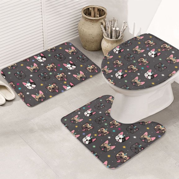 Bathroom Rugs Sets 3 Piece - French Bulldogs Absorbent Non Slip Bath Mats, U-Shape Toilet Lid Cover, Contour Mat, Soft Washable Shower Mats Bath Rug Mat for Bathroom Tub Toilet