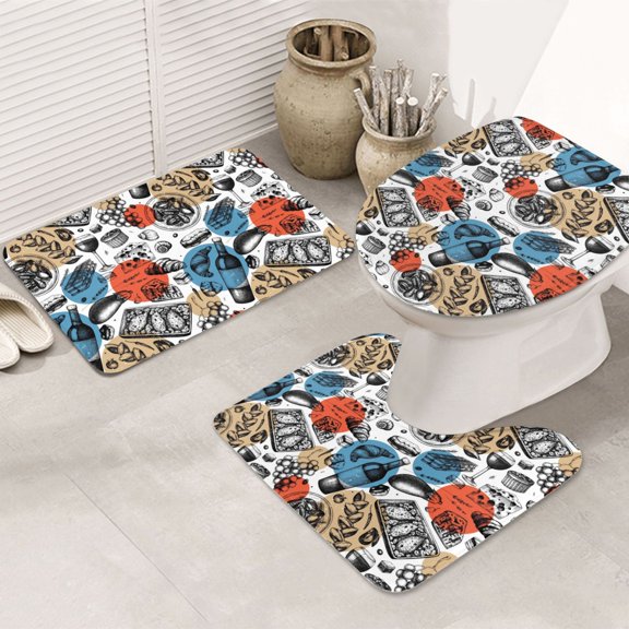 Bathroom Rugs Sets 3 Piece - French Food Absorbent Non Slip Bath Mats, U-Shape Toilet Lid Cover, Contour Mat, Soft Washable Shower Mats Bath Rug Mat for Bathroom Tub Toilet