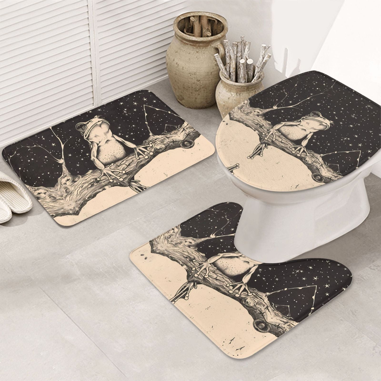 Bathroom Rugs Sets 3 Piece, Frog Stars Vintage Art Cute Bath Mats for