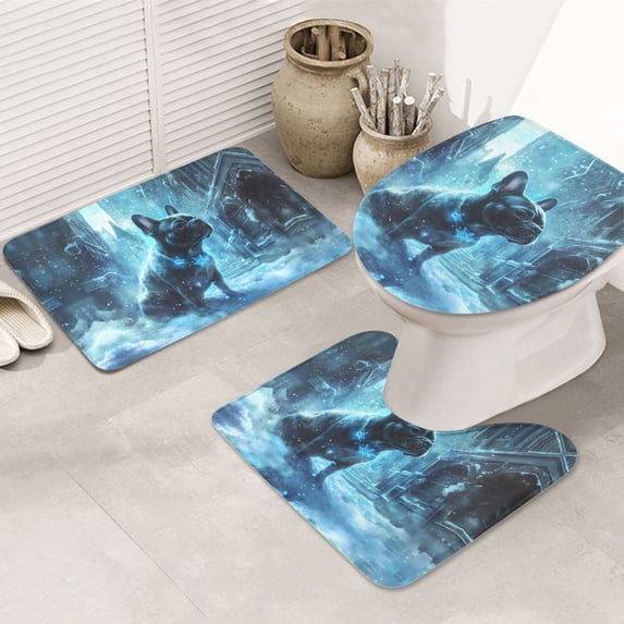 Bathroom Rugs Sets 3 Piece - Frosty Winter Bulldog Magic Absorbent Non Slip Bath Mats, U-Shape Toilet Lid Cover, Contour Mat, Soft Washable Shower Mats Bath Rug Mat for Bathroom Tub Toilet