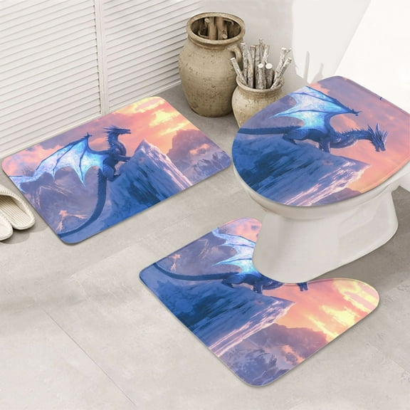 Bathroom Rugs Sets 3 Piece - Frozen Peak Ice Dragon Absorbent Non Slip Bath Mats, U-Shape Toilet Lid Cover, Contour Mat, Soft Washable Shower Mats Bath Rug Mat for Bathroom Tub Toilet