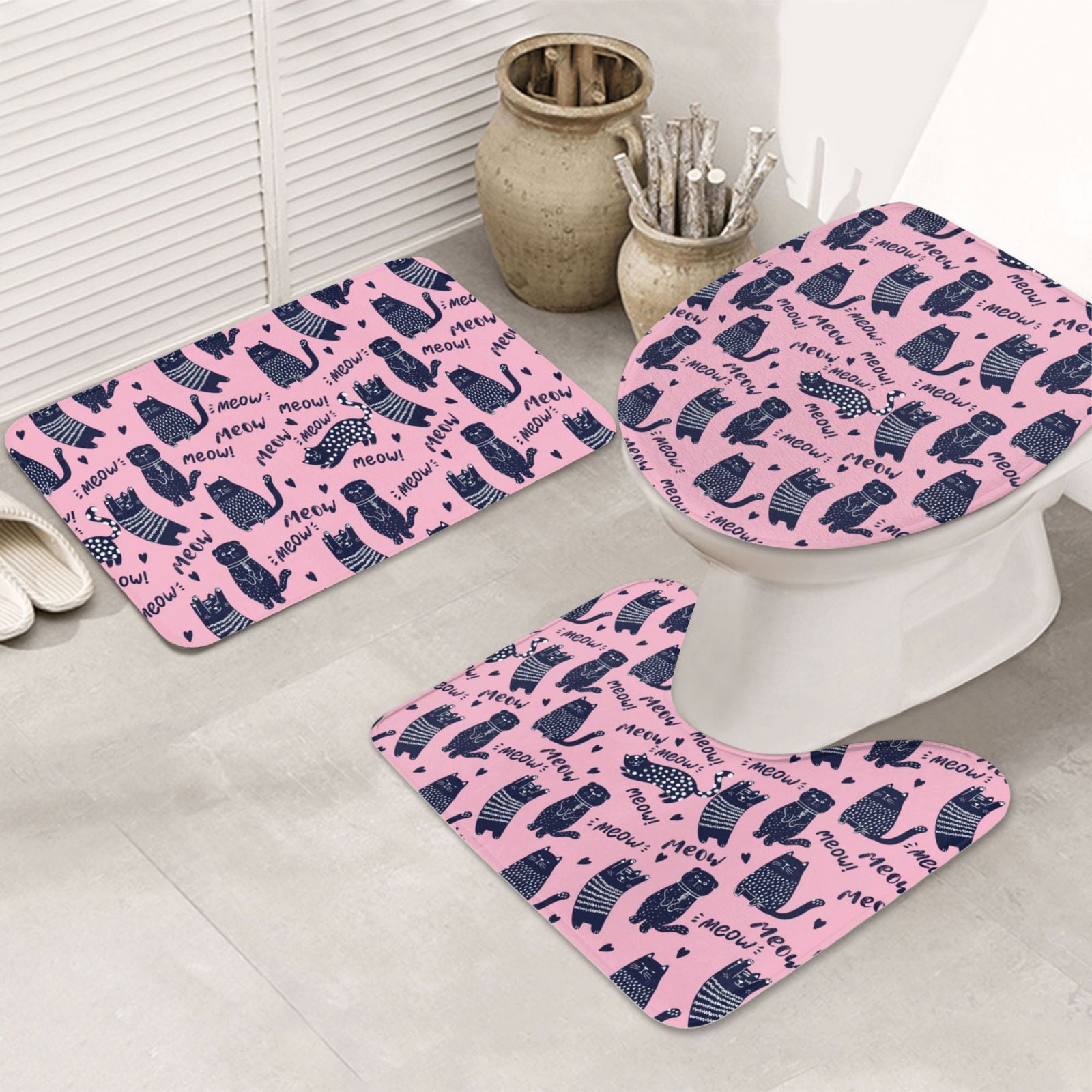 Bathroom Rugs Sets 3 Piece, Funny Black Cartoon Cat Soft Bath Mats for ...
