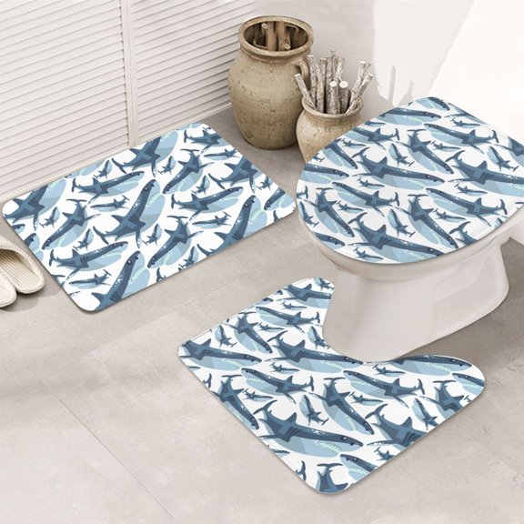 Bathroom Rugs Sets 3 Piece - Funny Cool Shark Absorbent Non Slip Bath Mats, U-Shape Toilet Lid Cover, Contour Mat, Soft Washable Shower Mats Bath Rug Mat for Bathroom Tub Toilet