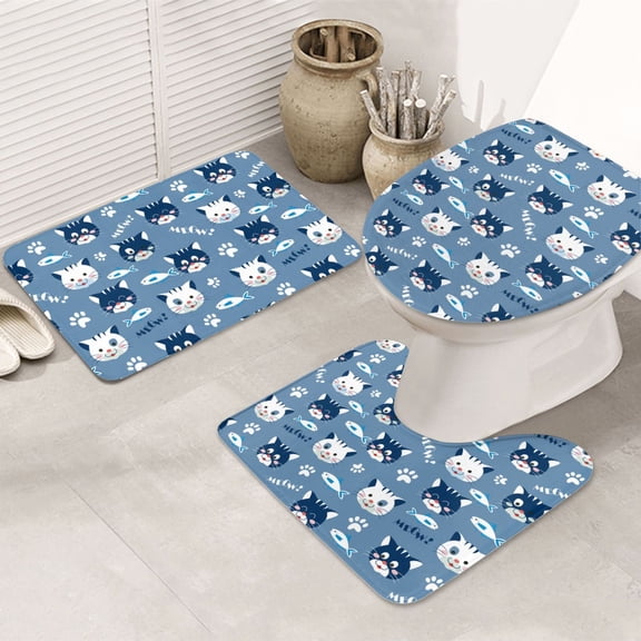 Bathroom Rugs Sets 3 Piece - Funny Cute Cat Face Fish Absorbent Non Slip Bath Mats, U-Shape Toilet Lid Cover, Contour Mat, Soft Washable Shower Mats Bath Rug Mat for Bathroom Tub Toilet