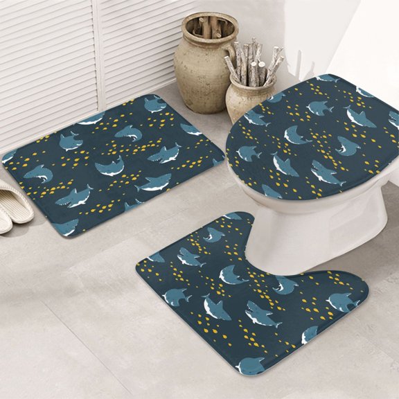 Bathroom Rugs Sets 3 Piece - Funny Cute Happy Shark Absorbent Non Slip Bath Mats, U-Shape Toilet Lid Cover, Contour Mat, Soft Washable Shower Mats Bath Rug Mat for Bathroom Tub Toilet