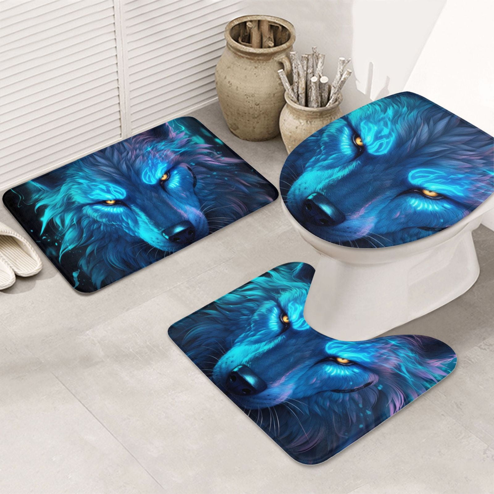 Bathroom Rugs Sets 3 Piece - Futuristic Blue Light Wolf Absorbent Non Slip Bath Mats, U-Shape Toilet Lid Cover, Contour Mat, Soft Washable Shower Mats Bath Rug Mat for Bathroom Tub Toilet