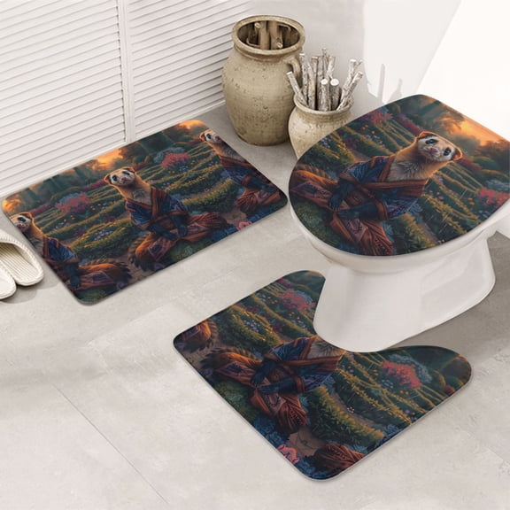 Bathroom Rugs Sets 3 Piece - Garden Meditating Weasel Absorbent Non Slip Bath Mats, U-Shape Toilet Lid Cover, Contour Mat, Soft Washable Shower Mats Bath Rug Mat for Bathroom Tub Toilet