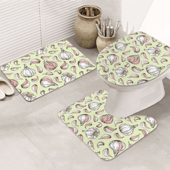 Bathroom Rugs Sets 3 Piece - Garlic Pattern white Absorbent Non Slip Bath Mats, U-Shape Toilet Lid Cover, Contour Mat, Soft Washable Shower Mats Bath Rug Mat for Bathroom Tub Toilet