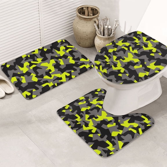 Bathroom Rugs Sets 3 Piece - Geometric Green Black Camouflage Absorbent Non Slip Bath Mats, U-Shape Toilet Lid Cover, Contour Mat, Soft Washable Shower Mats Bath Rug Mat for Bathroom Tub Toilet