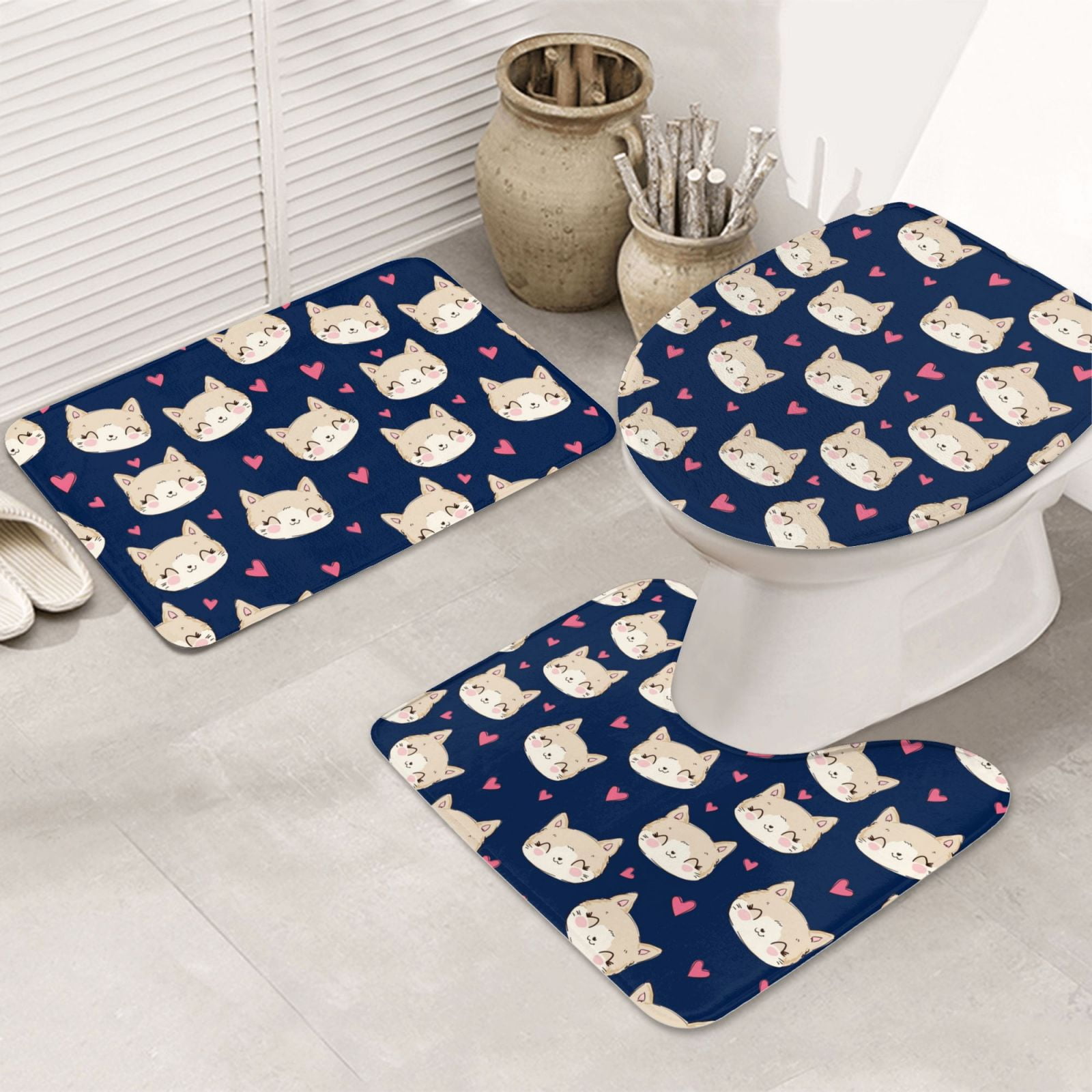 Bathroom Rugs Sets 3 Piece, Glamorous Cartoon Cat Heart Soft Bath Mats