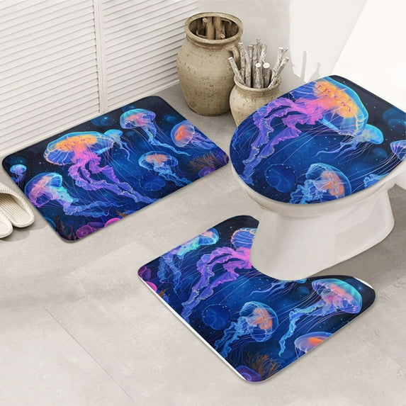 Bathroom Rugs Sets 3 Piece - Glowing Deep Sea Jellyfish Absorbent Non Slip Bath Mats, U-Shape Toilet Lid Cover, Contour Mat, Soft Washable Shower Mats Bath Rug Mat for Bathroom Tub Toilet