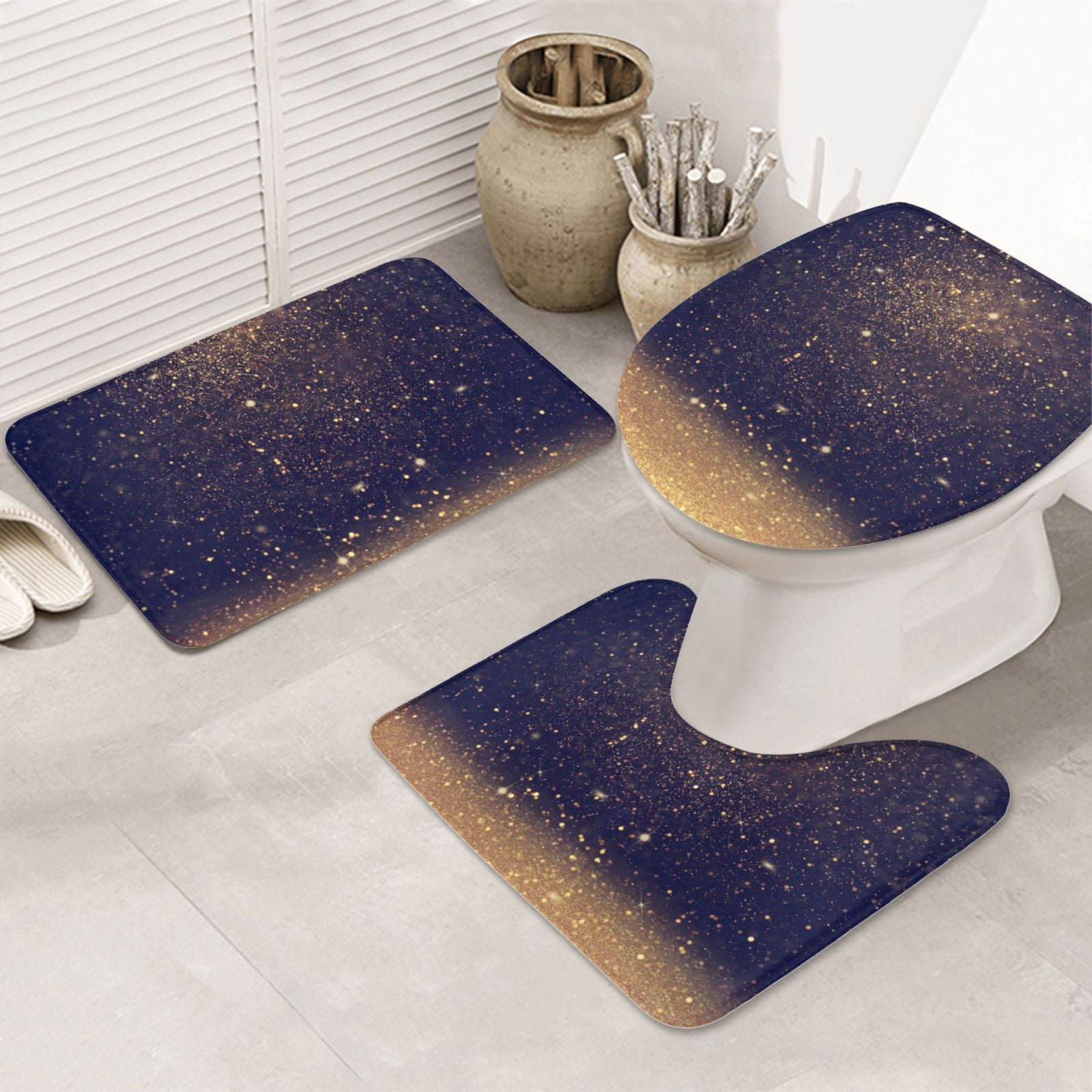 Bathroom Rugs Sets 3 Piece Gold Black Glitter Absorbent Non Slip Bath