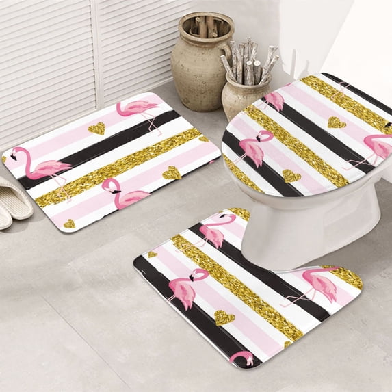 Bathroom Rugs Sets 3 Piece - Gold Glittering Hearts and Flamingos Absorbent Non Slip Bath Mats, U-Shape Toilet Lid Cover, Contour Mat, Soft Washable Shower Mats Bath Rug Mat for Bathroom Tub Toilet