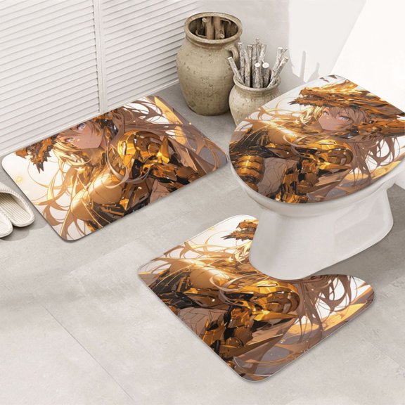 Bathroom Rugs Sets 3 Piece - Golden Armor Dragon Princess Absorbent Non Slip Bath Mats, U-Shape Toilet Lid Cover, Contour Mat, Soft Washable Shower Mats Bath Rug Mat for Bathroom Tub Toilet