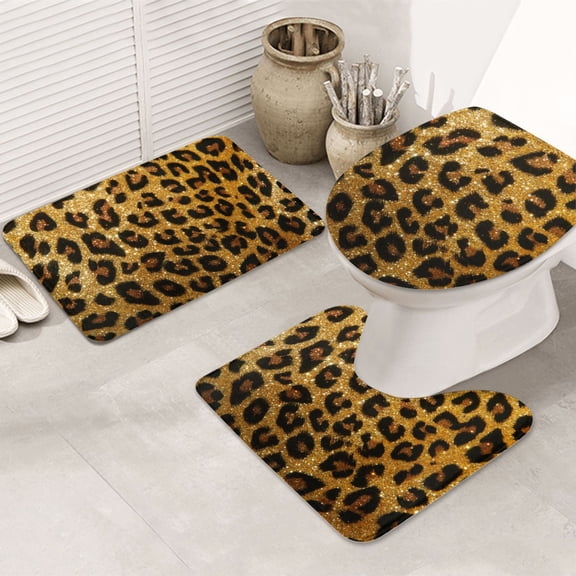 Bathroom Rugs Sets 3 Piece - Golden Leopard Glitter Absorbent Non Slip Bath Mats, U-Shape Toilet Lid Cover, Contour Mat, Soft Washable Shower Mats Bath Rug Mat for Bathroom Tub Toilet