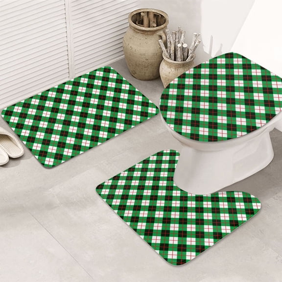 Bathroom Rugs Sets 3 Piece - Green Argyle Plaid Absorbent Non Slip Bath Mats, U-Shape Toilet Lid Cover, Contour Mat, Soft Washable Shower Mats Bath Rug Mat for Bathroom Tub Toilet