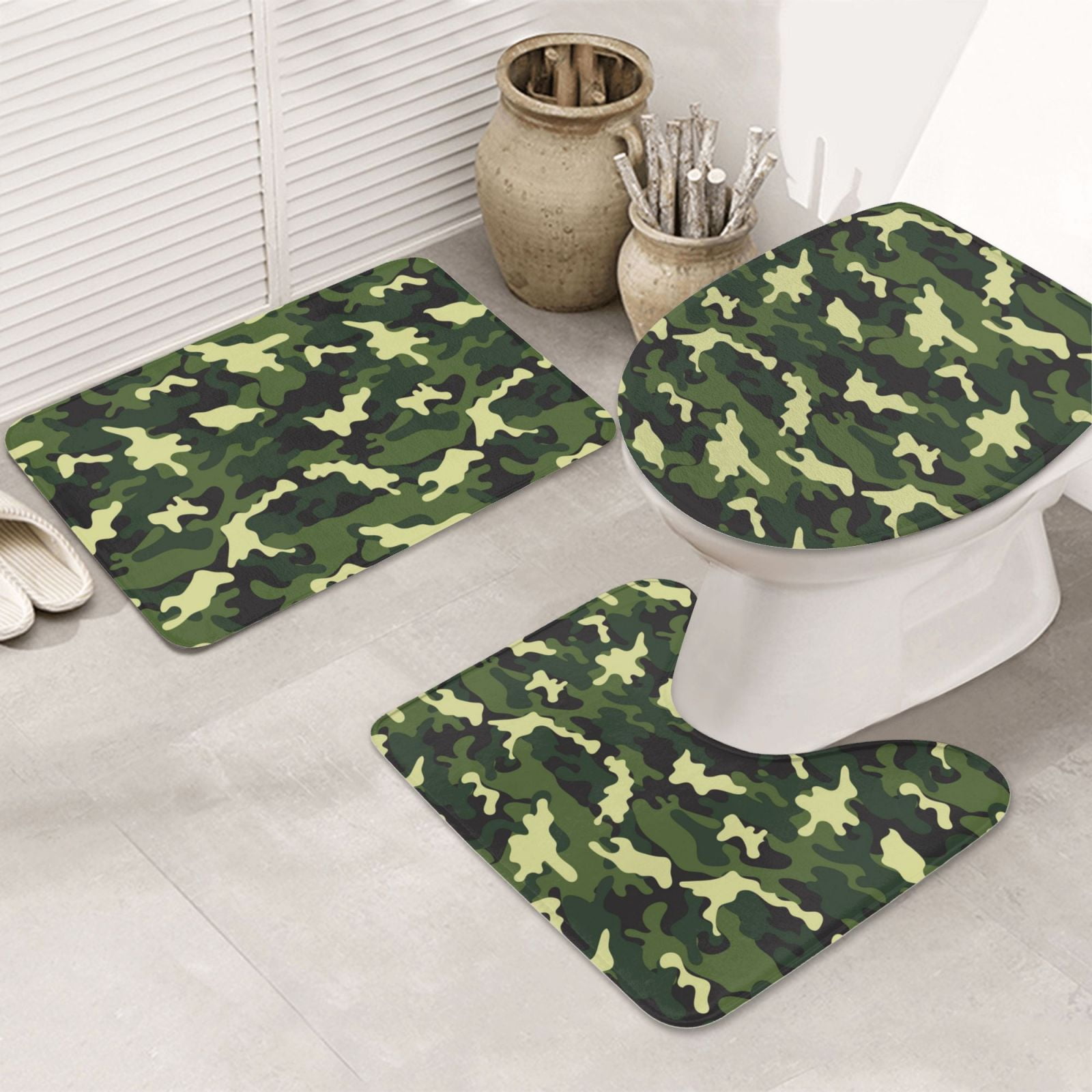 Bathroom Rugs Sets 3 Piece Green Camouflage Classic Non Slip Washable