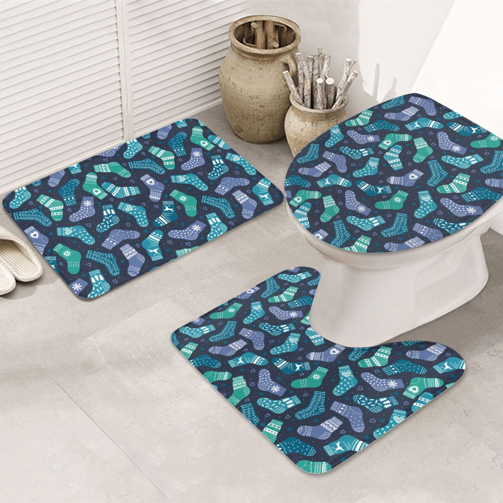 Bathroom Rugs Sets 3 Piece, Green Christmas Print Socks Cute Bath Mats