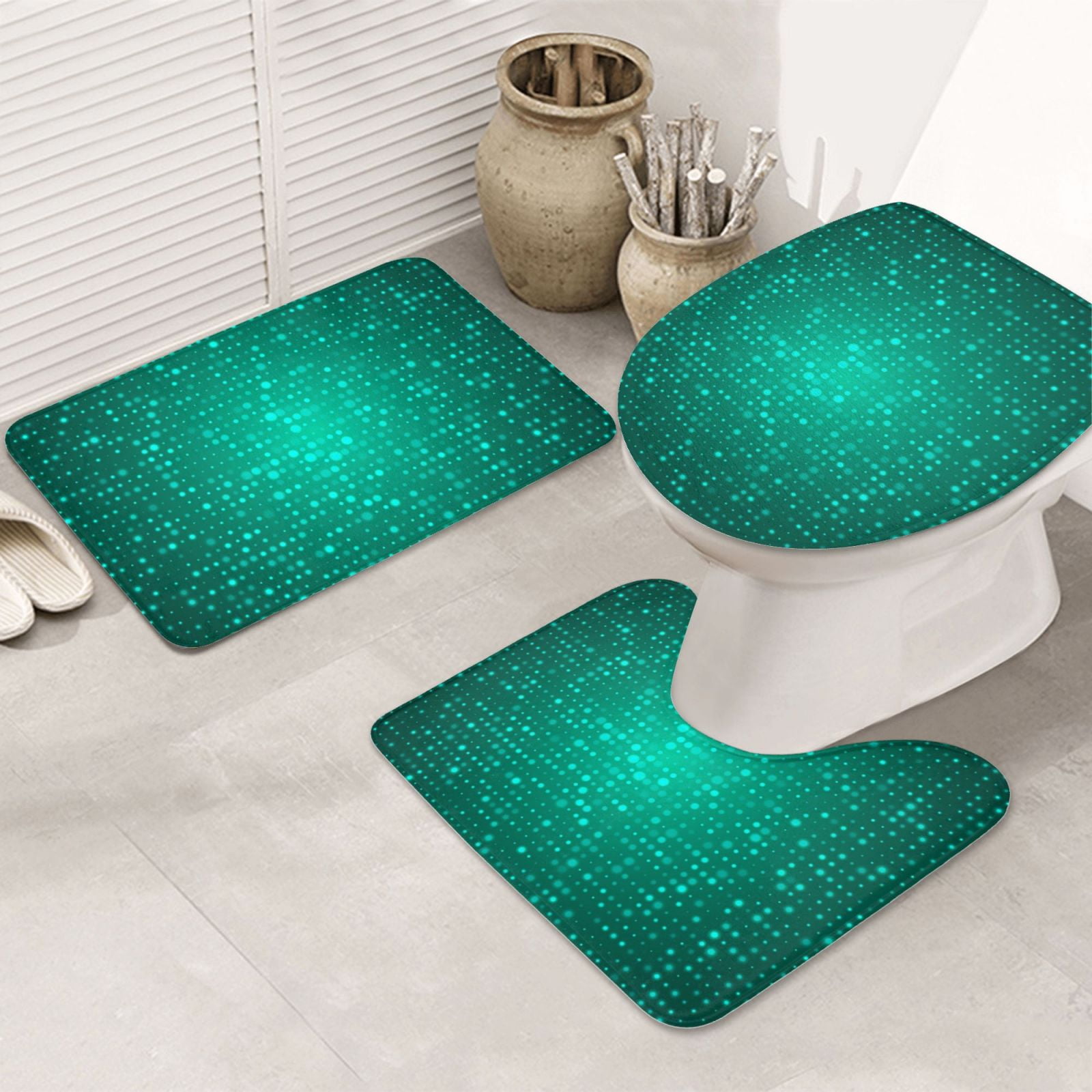 Bathroom Rugs Sets 3 Piece Green Dotted Pattern Absorbent Bathroom